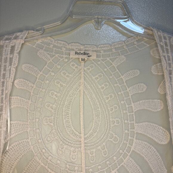 Rebellion Cream Boho White Sheer Lace Midi Kimono Cardigan Beach Coverup Medium - Picture 4 of 9